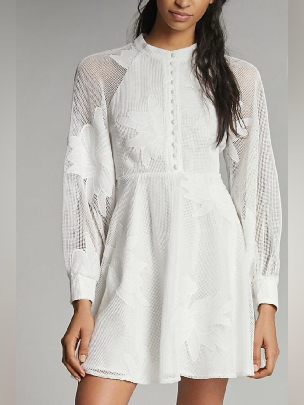 ANTHROPOLOGIE Mare Mare Sabine Embroidered White Lace Mini Dress Floral Mesh S P